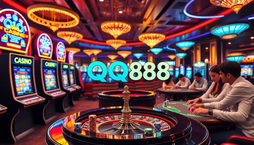 Experience thrilling gameplay at QQ88 with vibrant slot machines and poker tables, vibrant casino décor.