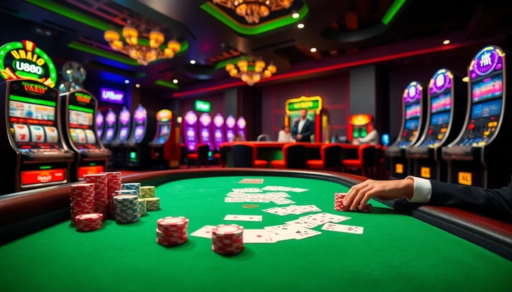 U888 casino scene featuring vibrant poker chips and engaging live dealer atmosphere, creating thrilling gambling moments.