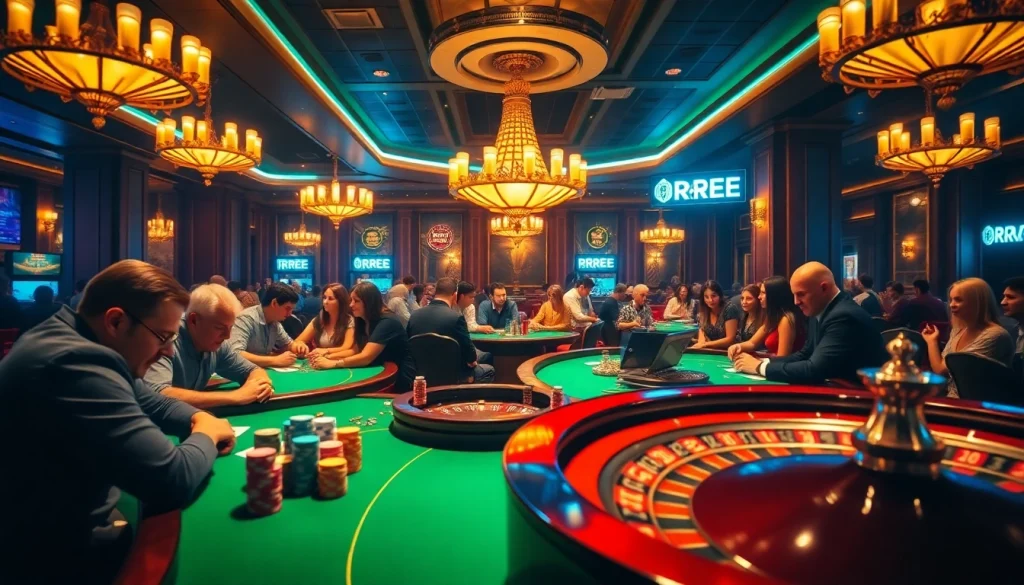 RREE casino players engaged in an intense poker game surrounded by colorful chips and vibrant roulette action.