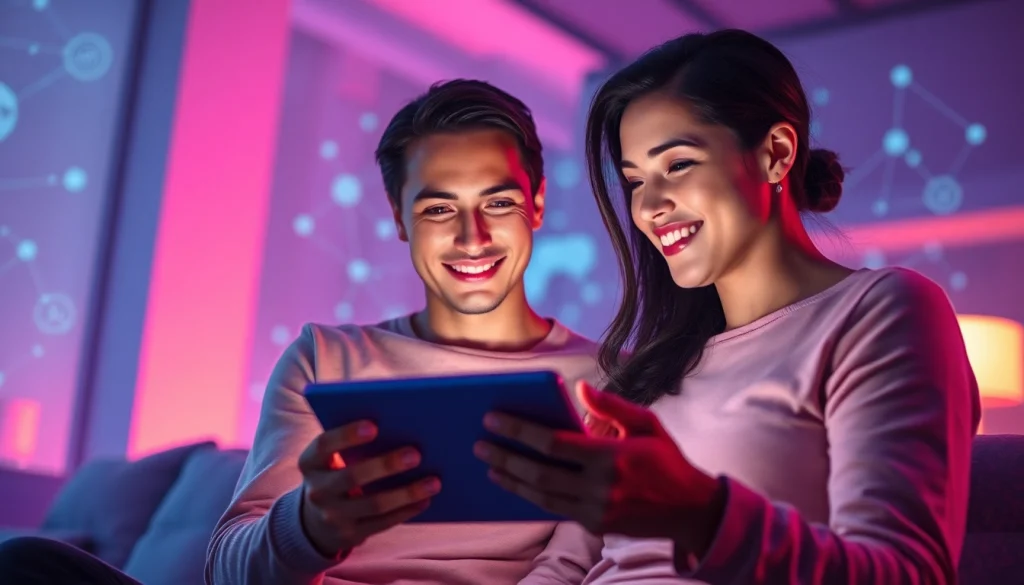 Couple exploring sex AI conversation with a friendly AI chatbot on a tablet.