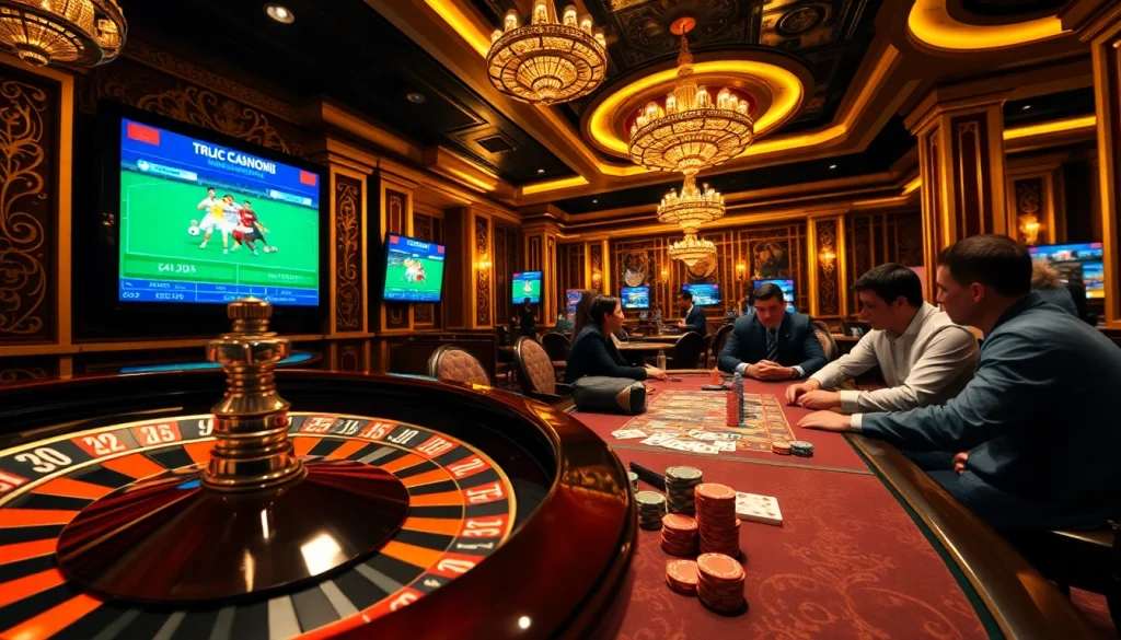 Engaging gamblers in a luxurious casino while betting on trực tiếp bóng đá with poker and roulette tables.