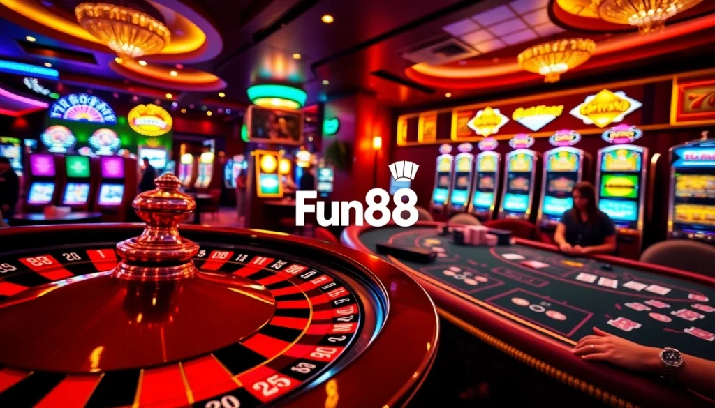 Experience the thrill of Fun88 with a captivating view of a lively casino floor featuring a spinning roulette wheel and engaged players.