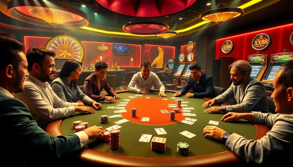 Experience the thrill of winning at XX88 with players at a vibrant poker table, showcasing intense gameplay and colorful chips.