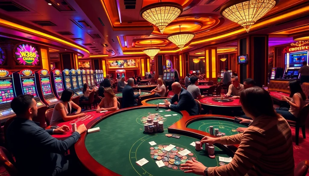 W388 casino scene with players immersed in poker and roulette games, showcasing excitement and shining slot machines.