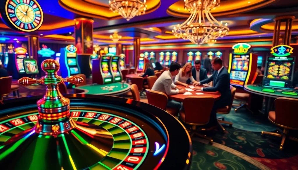 VAOBET gaming excitement with vibrant slot machines and a roulette wheel spinning in an upscale casino setting.