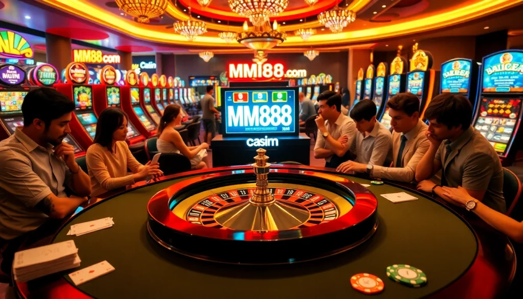 Exciting casino scene featuring various games and the MM88 com logo integrated into the decor, showcasing vibrant player interactions.