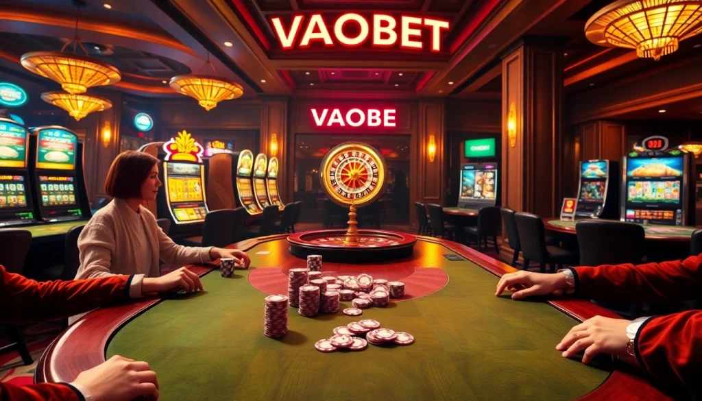 Experience the excitement at VAOBET's high-stakes poker table with vibrant chips and cards.