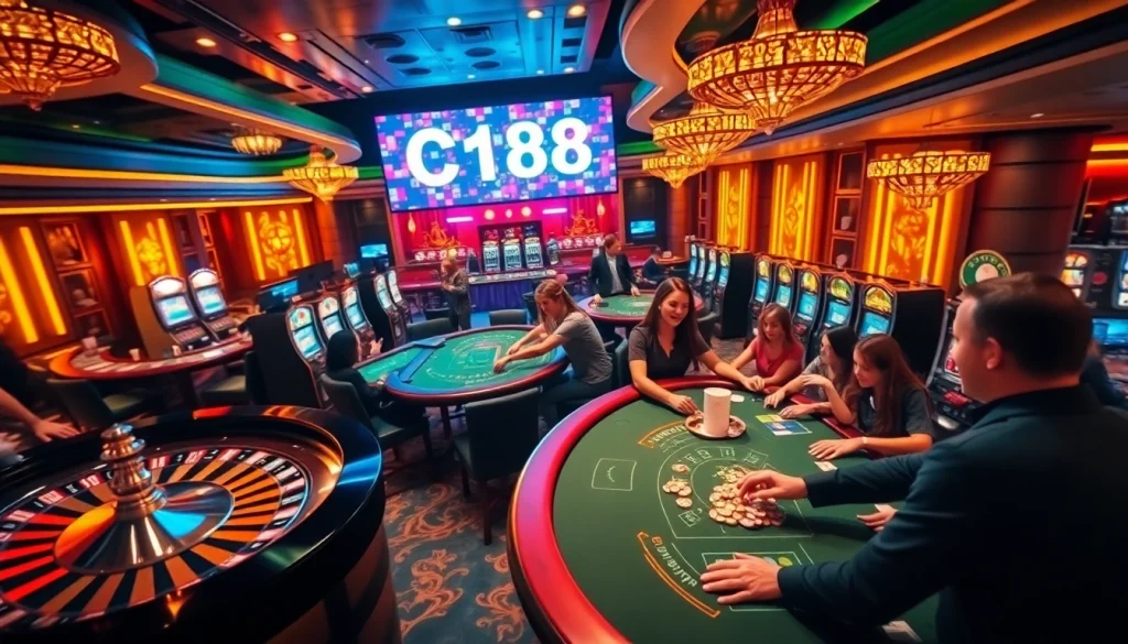 C168 Casino scene showcasing vibrant roulette action and poker players placing bets.