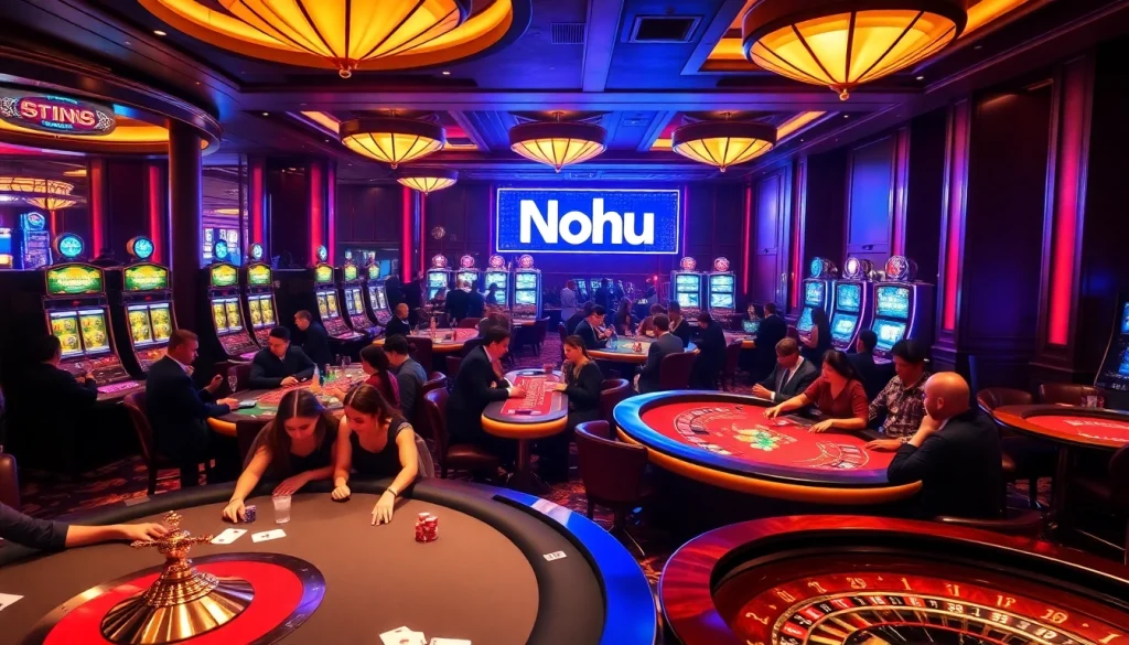 Nohu casino setting showcases players winning at poker and roulette.